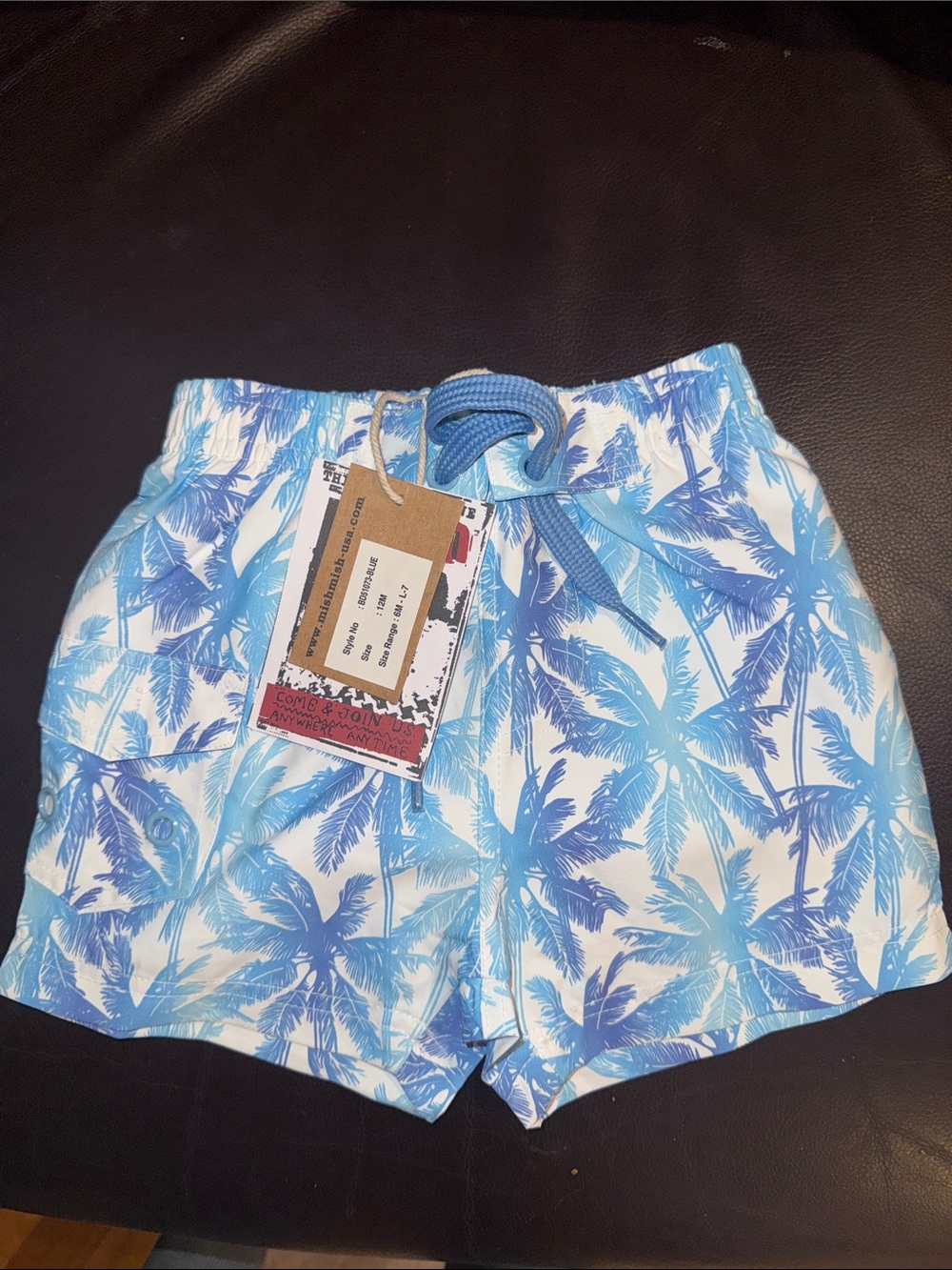 Mish Boys Blue & White Palm-Print Swim Shorts- 12 month . New with tags